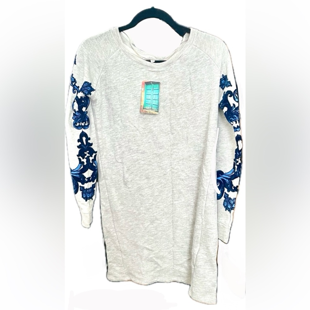 New ZARA Gray casual loose sweatshirt dress w/ velvet patch French Terry inner S